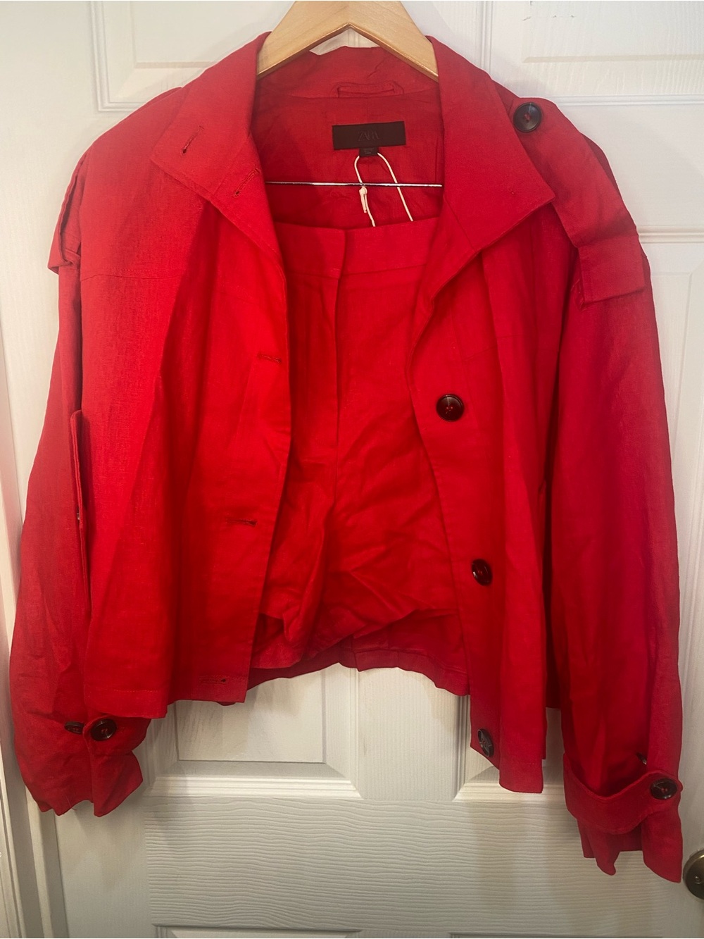 Zara Set NWT Linen Blend Bright Red Short Trench Coat L & Matching Shorts